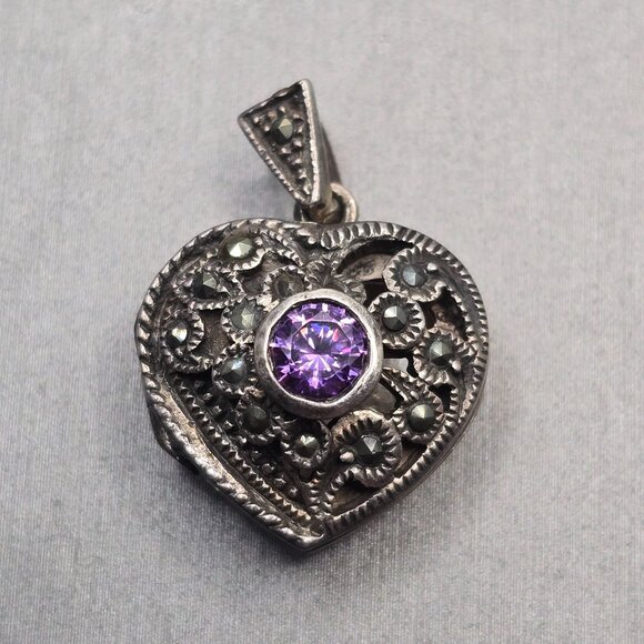 VTG Charles Winston Sterling Silver Amethyst Heart Locket Pendant 1" Signed CW - Picture 12 of 12
